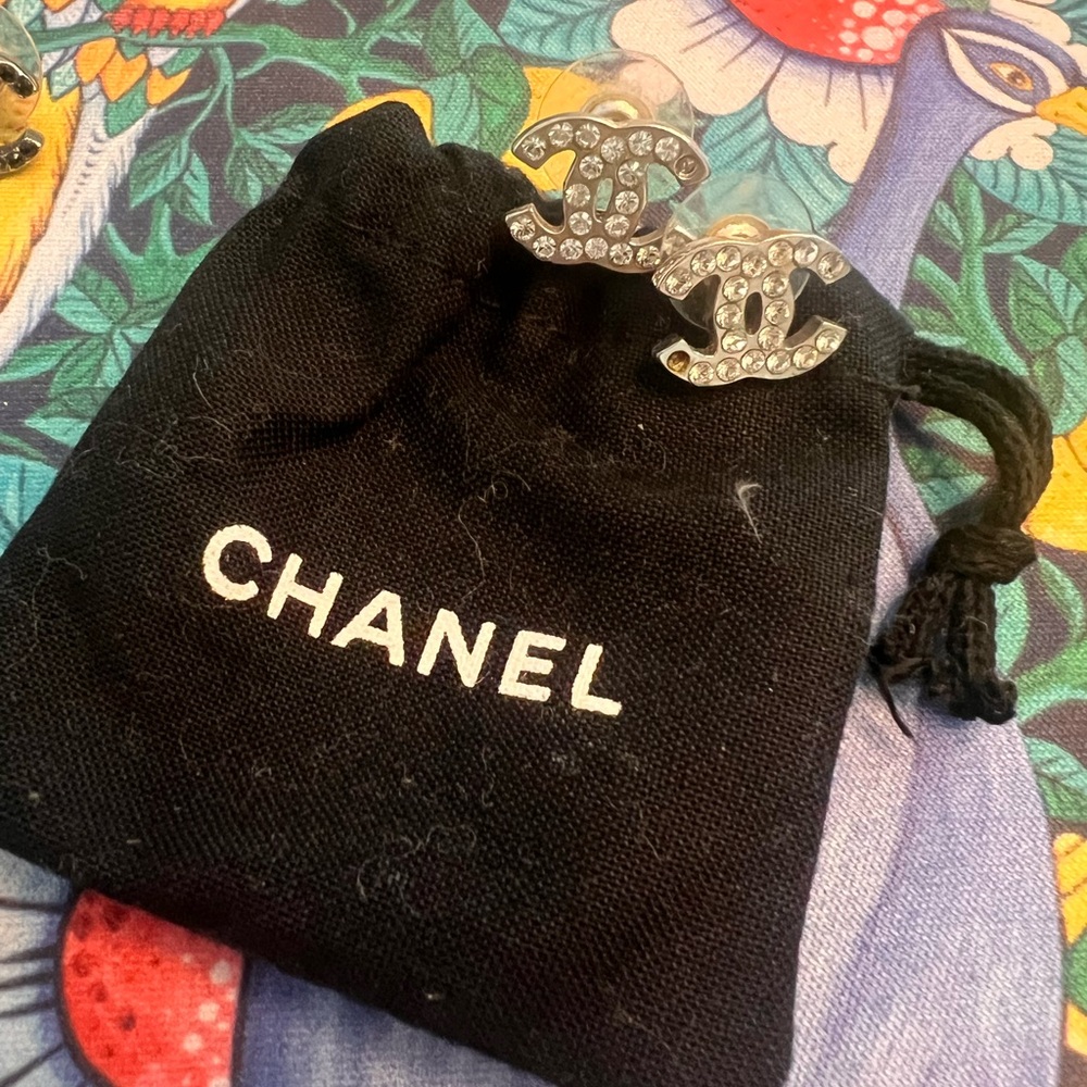 CHANEL Silver and Crystal Logo Studs